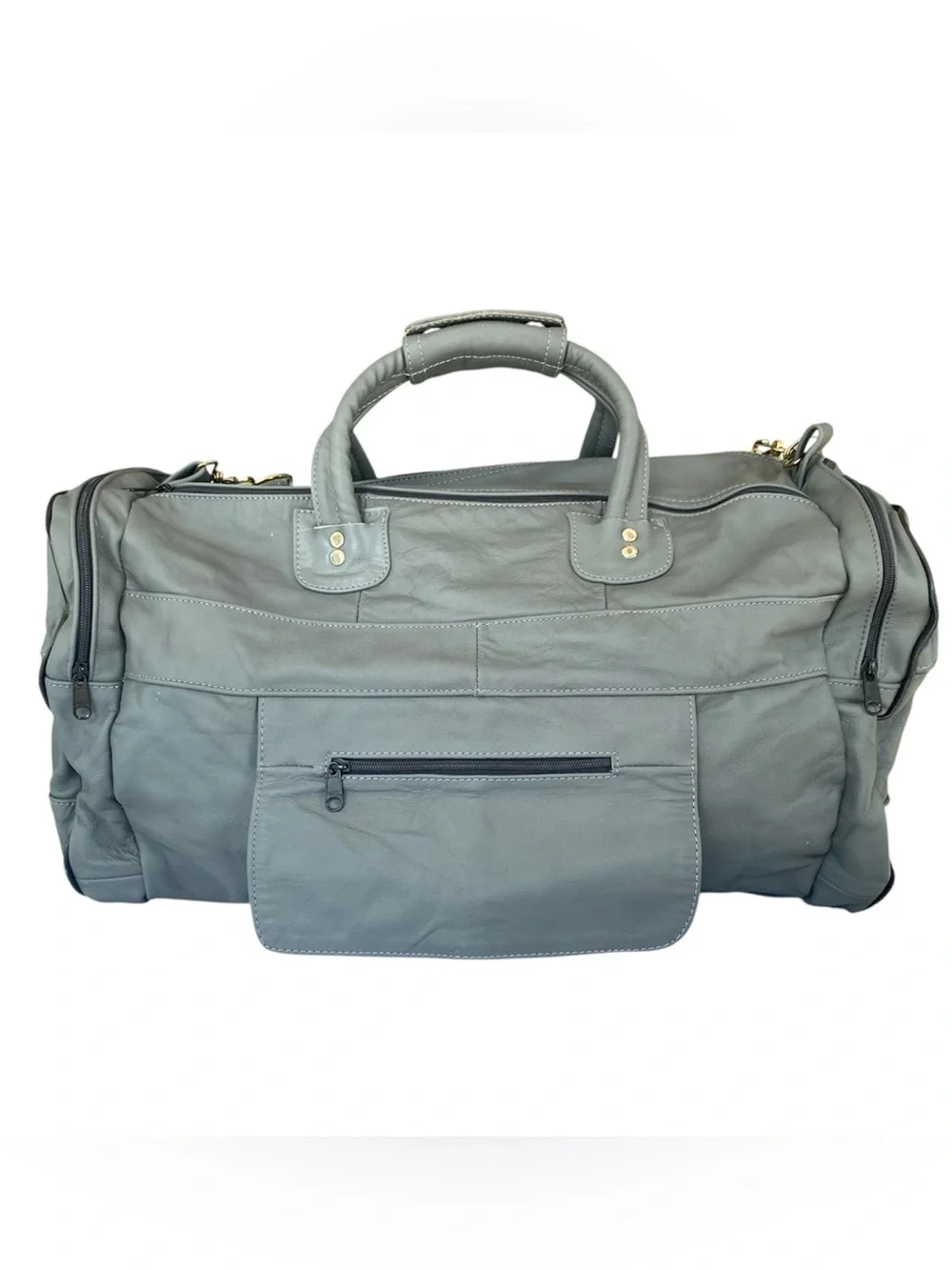Vintage Leather Duffel Carryall Weekender Bag Gray